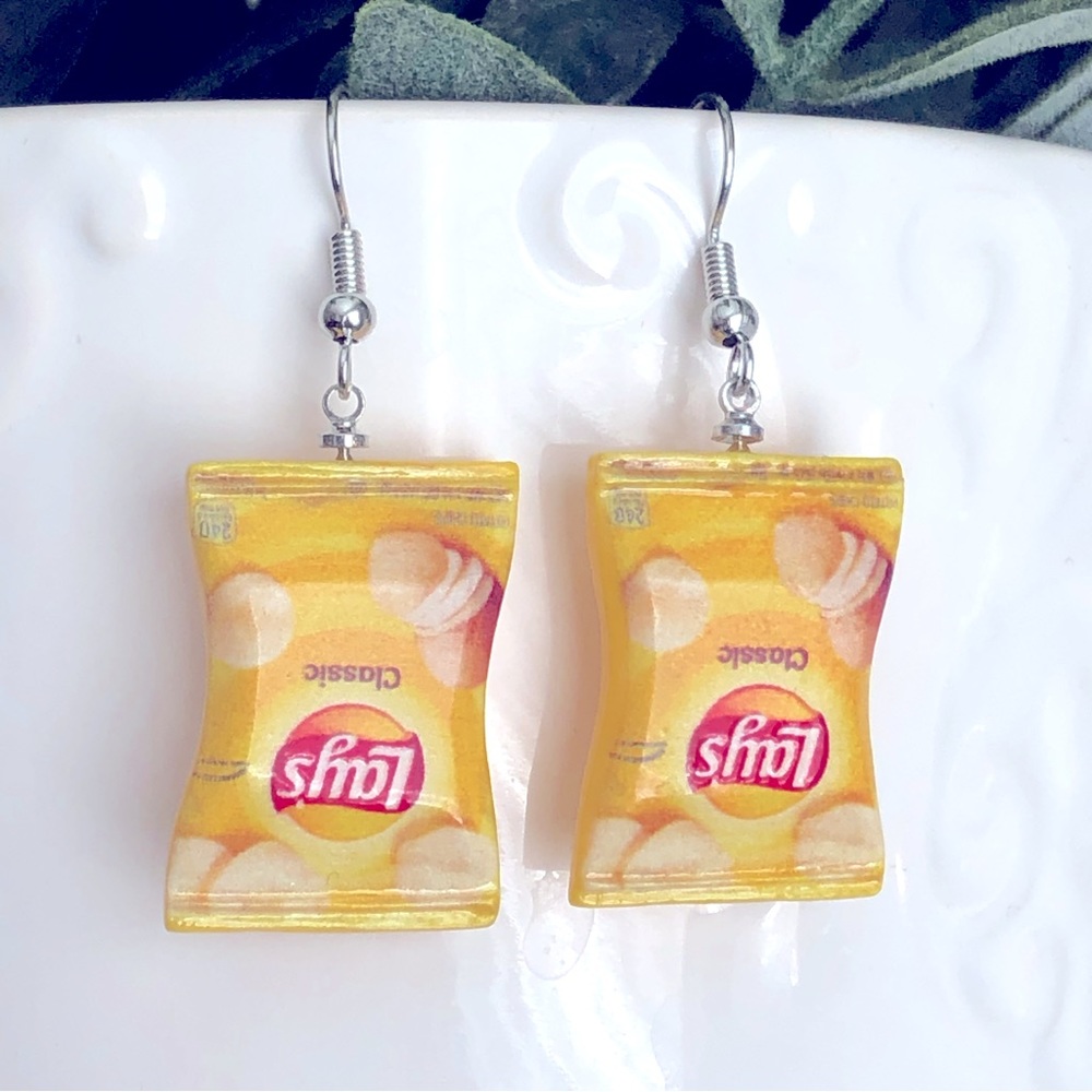 New Lays Potato Chip Dangling Drop Hand Crafted Earrings Fun Snack Food Party